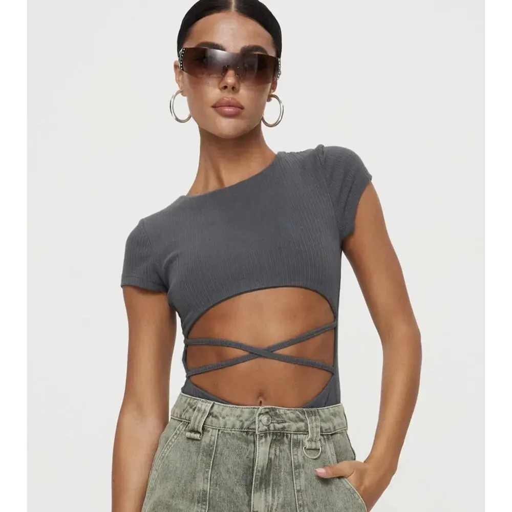 NWT PRINCESS POLLY Nicola Bodysuit Slate Gray Ribbed Criss Cross Thong Stretch 8 - Picture 16 of 16